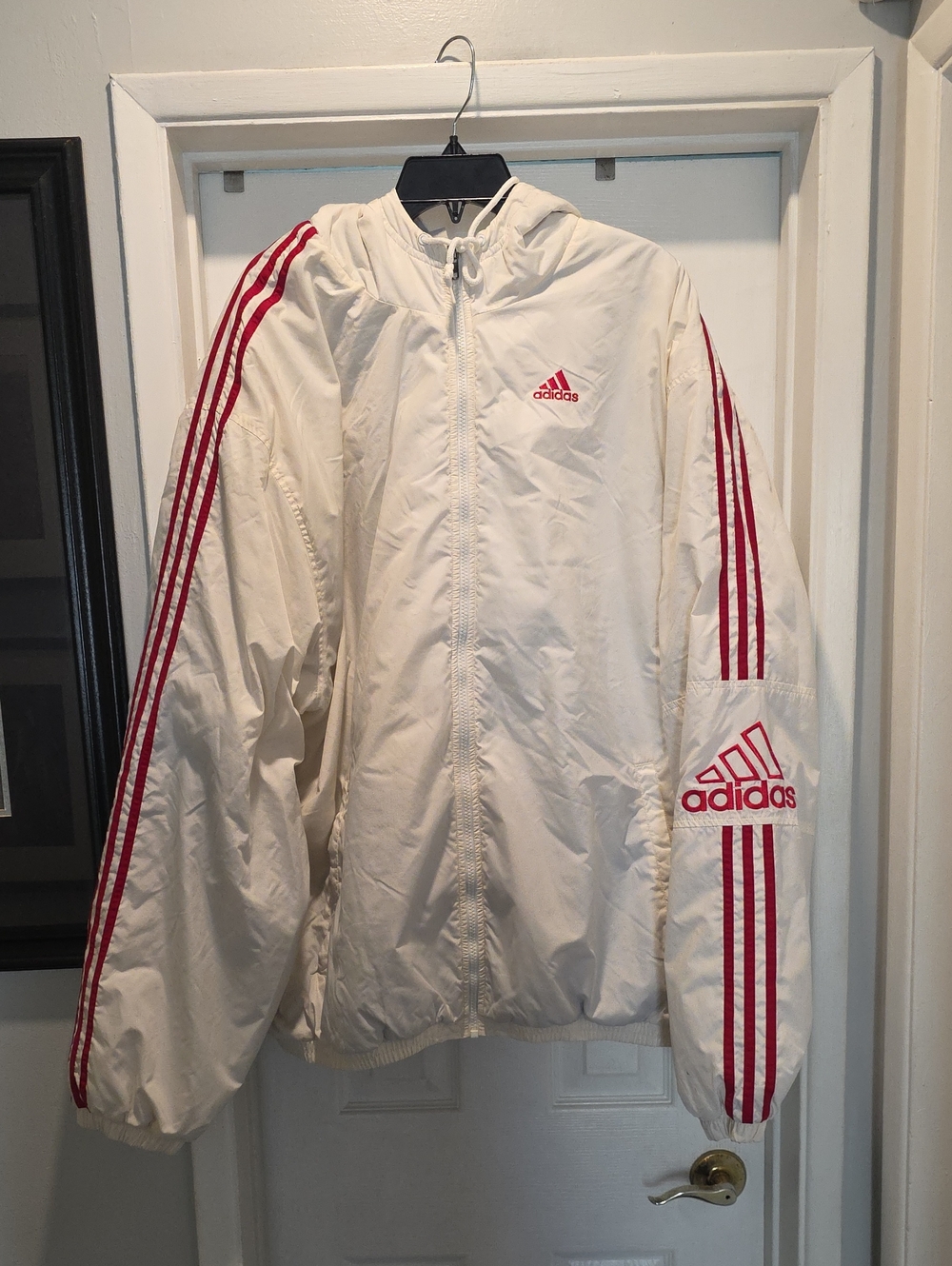 Adidas Men's White Hooded Track Jacket with Red Stripes